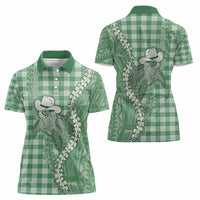 Green Hawaii Palaka Cowboy Turtle Women Polo Shirt Hawaiian Paniolo Puakenikeni Maile Lei - Polynesian Pride
