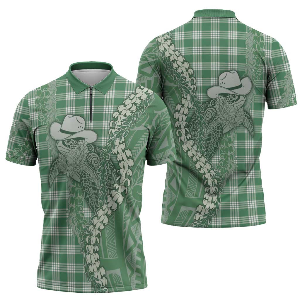 Green Hawaii Palaka Cowboy Turtle Zipper Polo Shirt Hawaiian Paniolo Puakenikeni Maile Lei - Polynesian Pride