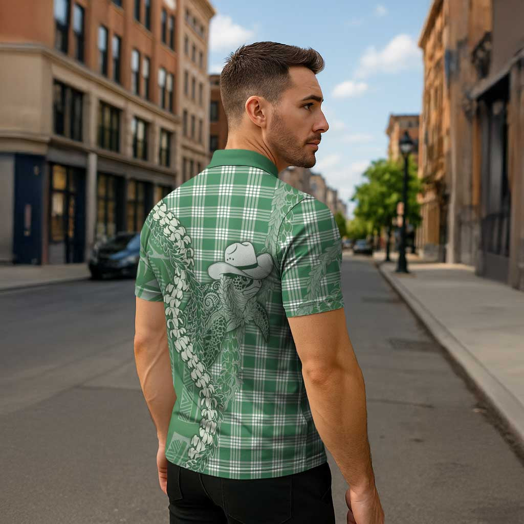 Green Hawaii Palaka Cowboy Turtle Zipper Polo Shirt Hawaiian Paniolo Puakenikeni Maile Lei - Polynesian Pride