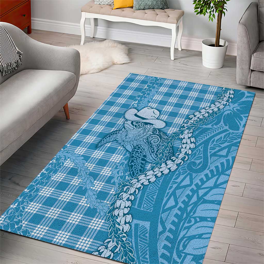 Blue Hawaii Palaka Cowboy Turtle Area Rug Hawaiian Paniolo Puakenikeni Maile Lei - Polynesian Pride