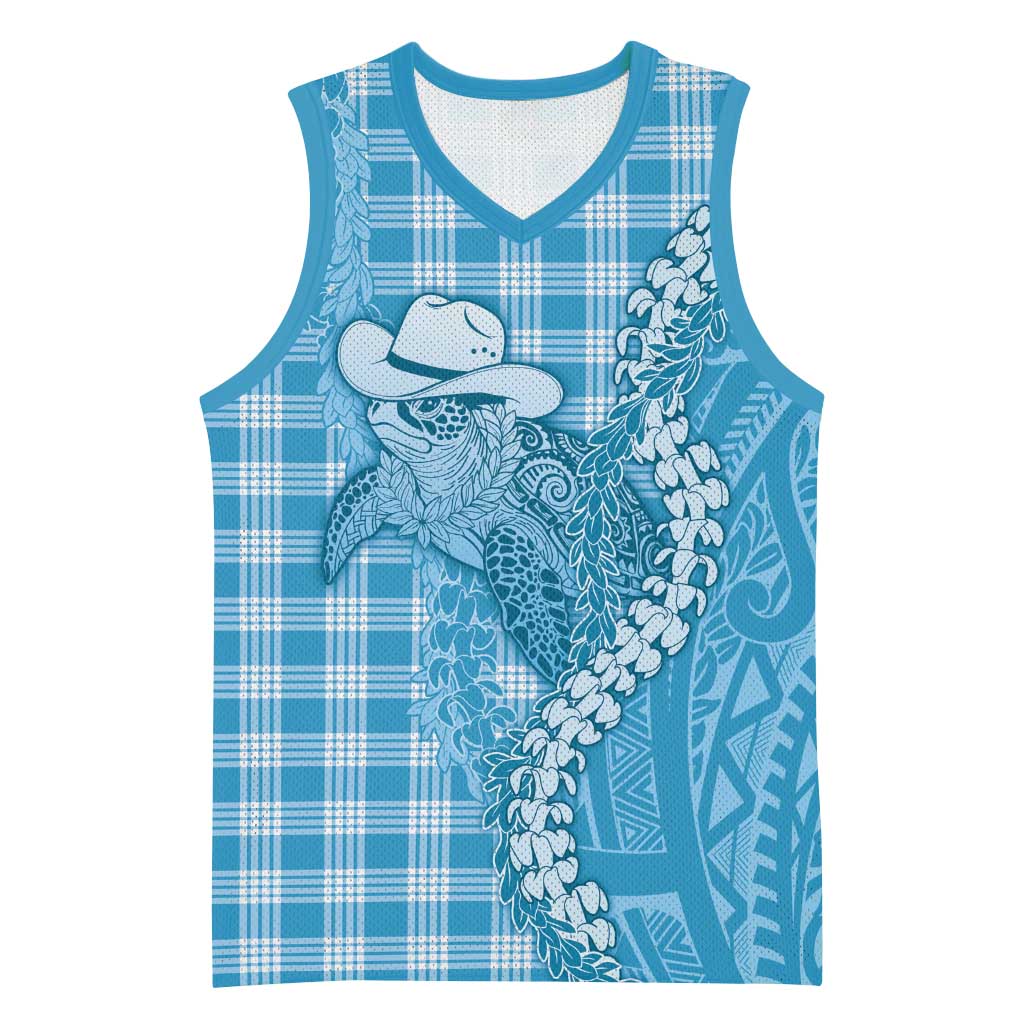 Blue Hawaii Palaka Cowboy Turtle Basketball Jersey Hawaiian Paniolo Puakenikeni Maile Lei - Polynesian Pride