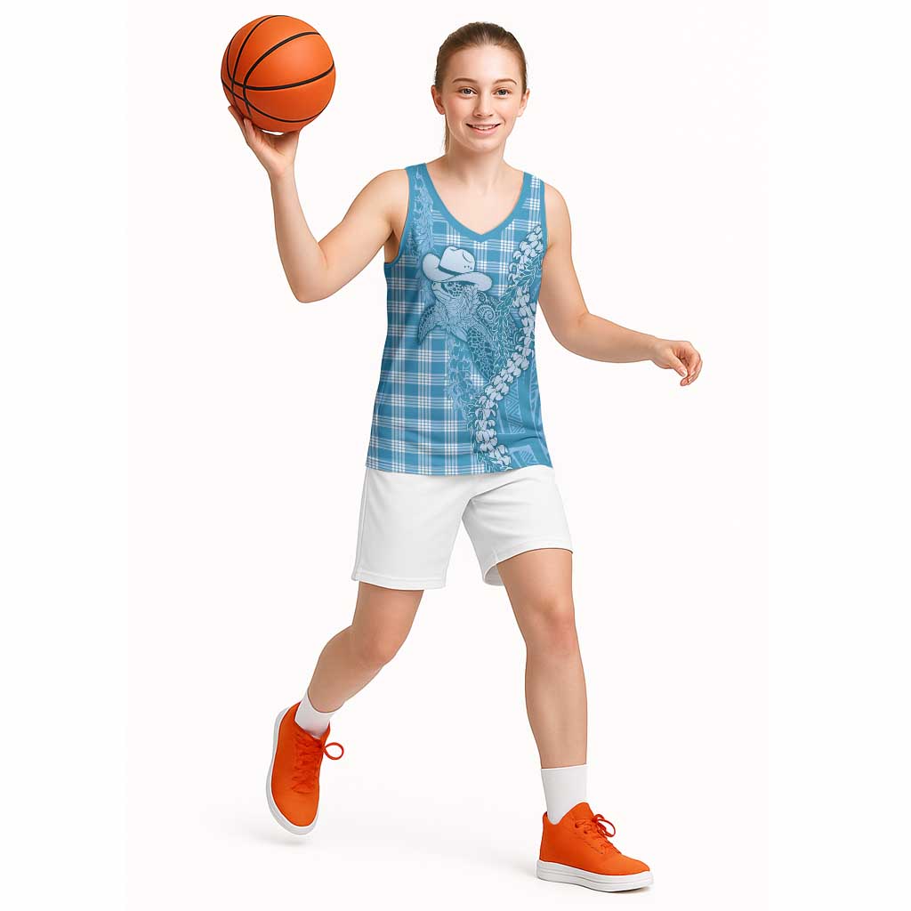 Blue Hawaii Palaka Cowboy Turtle Basketball Jersey Hawaiian Paniolo Puakenikeni Maile Lei - Polynesian Pride