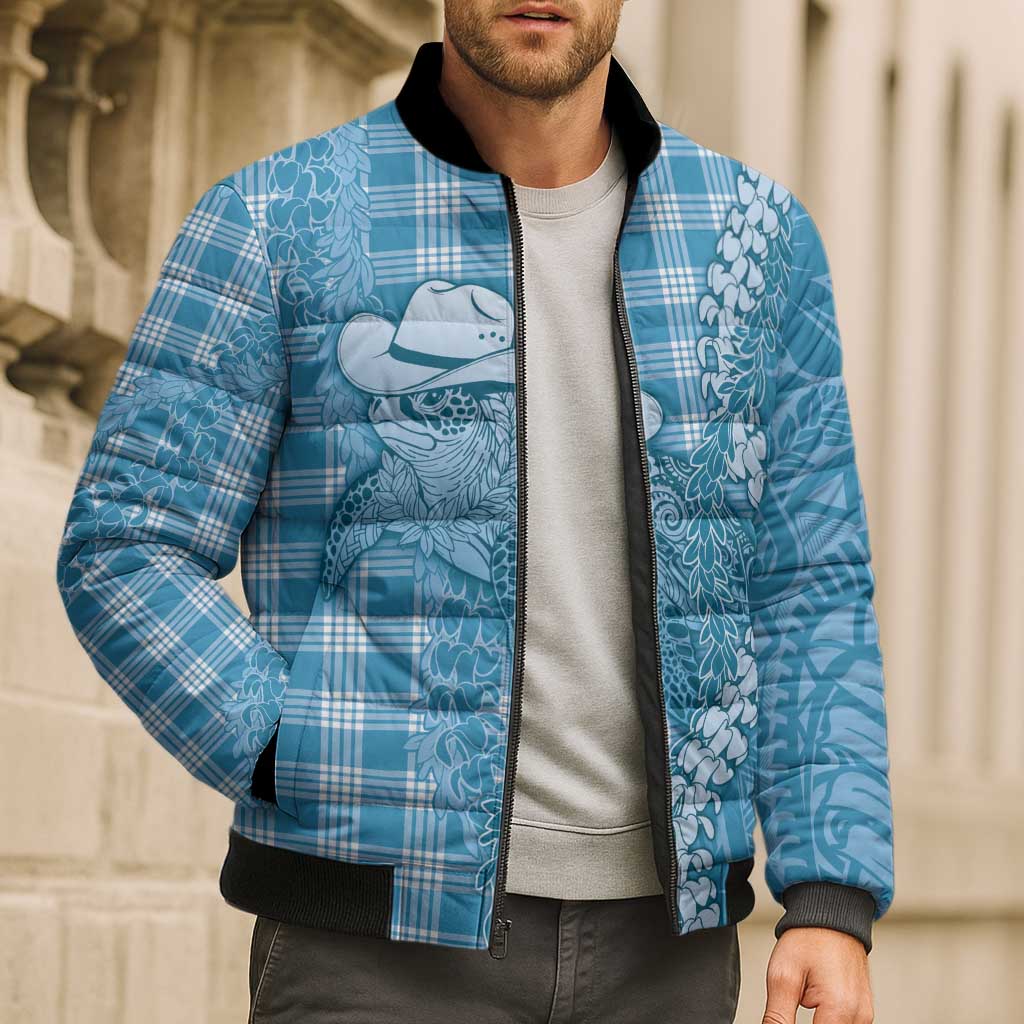 Blue Hawaii Palaka Cowboy Turtle Bomber Puffer Jacket Hawaiian Paniolo Puakenikeni Maile Lei - Polynesian Pride