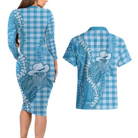 Blue Hawaii Palaka Cowboy Turtle Couples Matching Long Sleeve Bodycon Dress and Hawaiian Shirt Hawaiian Paniolo Puakenikeni Maile Lei - Polynesian Pride