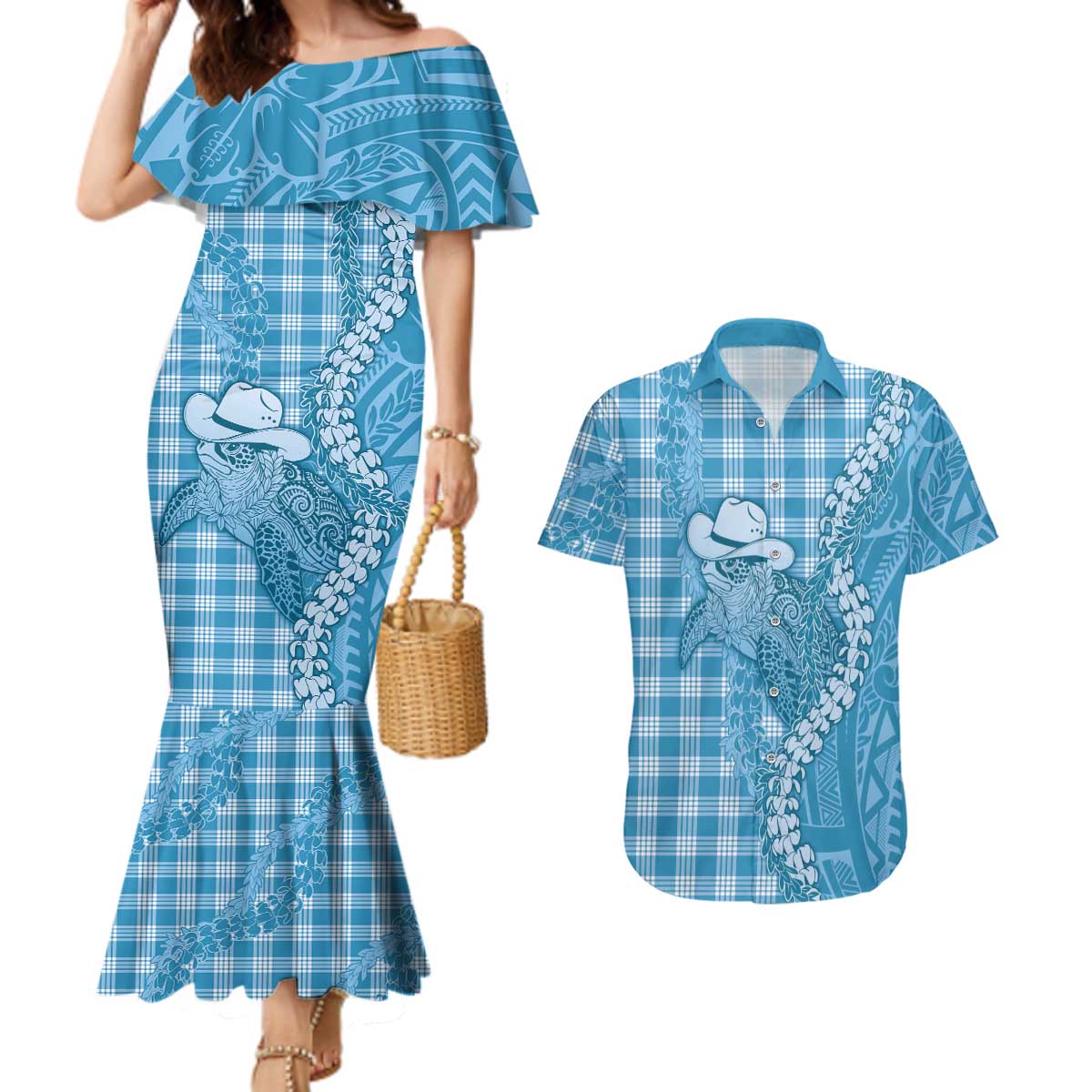 Blue Hawaii Palaka Cowboy Turtle Couples Matching Mermaid Dress and Hawaiian Shirt Hawaiian Paniolo Puakenikeni Maile Lei - Polynesian Pride