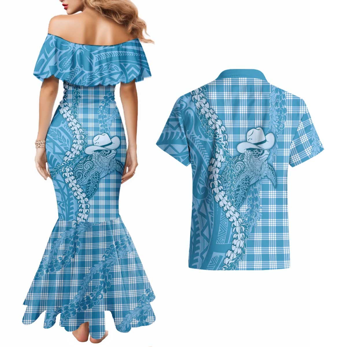 Blue Hawaii Palaka Cowboy Turtle Couples Matching Mermaid Dress and Hawaiian Shirt Hawaiian Paniolo Puakenikeni Maile Lei - Polynesian Pride