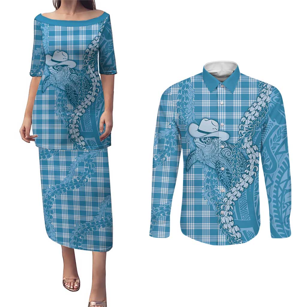 Blue Hawaii Palaka Cowboy Turtle Couples Matching Puletasi and Long Sleeve Button Shirt Hawaiian Paniolo Puakenikeni Maile Lei - Polynesian Pride