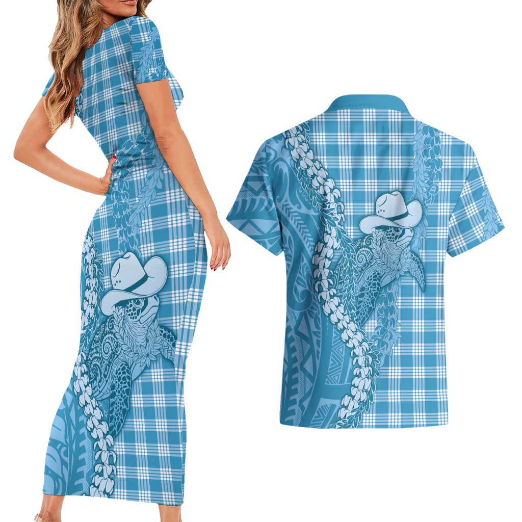 Blue Hawaii Palaka Cowboy Turtle Couples Matching Short Sleeve Bodycon Dress and Hawaiian Shirt Hawaiian Paniolo Puakenikeni Maile Lei - Polynesian Pride