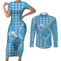 Blue Hawaii Palaka Cowboy Turtle Couples Matching Short Sleeve Bodycon Dress and Long Sleeve Button Shirt Hawaiian Paniolo Puakenikeni Maile Lei - Polynesian Pride