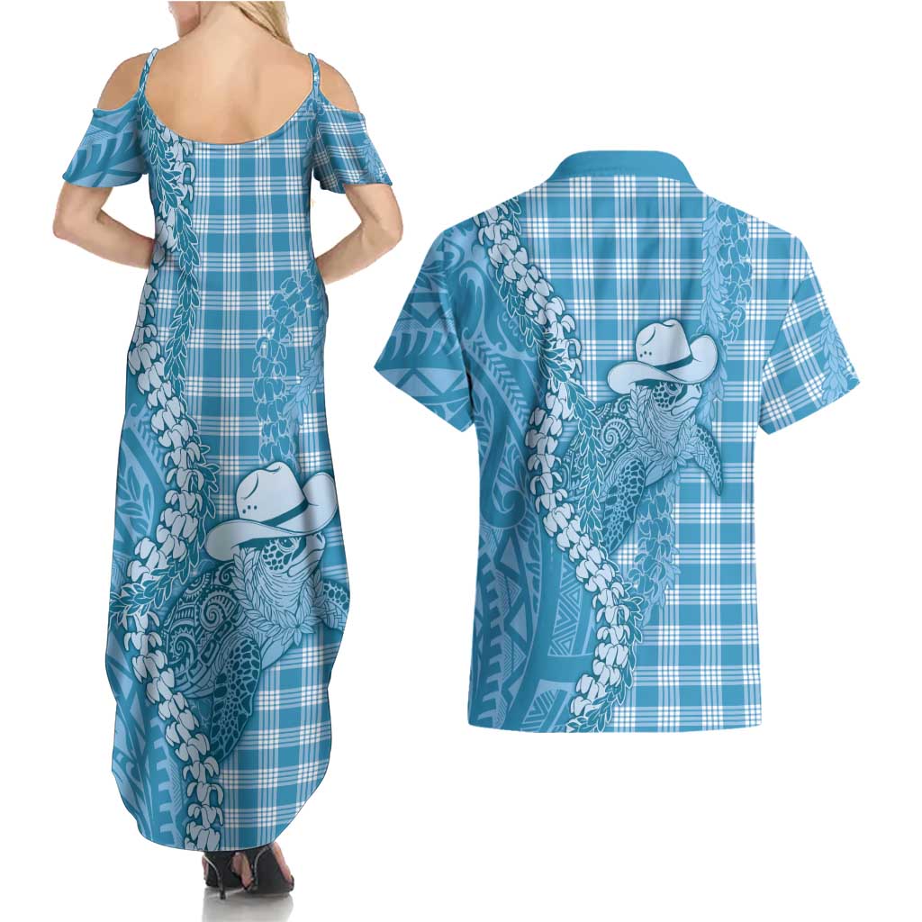 Blue Hawaii Palaka Cowboy Turtle Couples Matching Summer Maxi Dress and Hawaiian Shirt Hawaiian Paniolo Puakenikeni Maile Lei - Polynesian Pride
