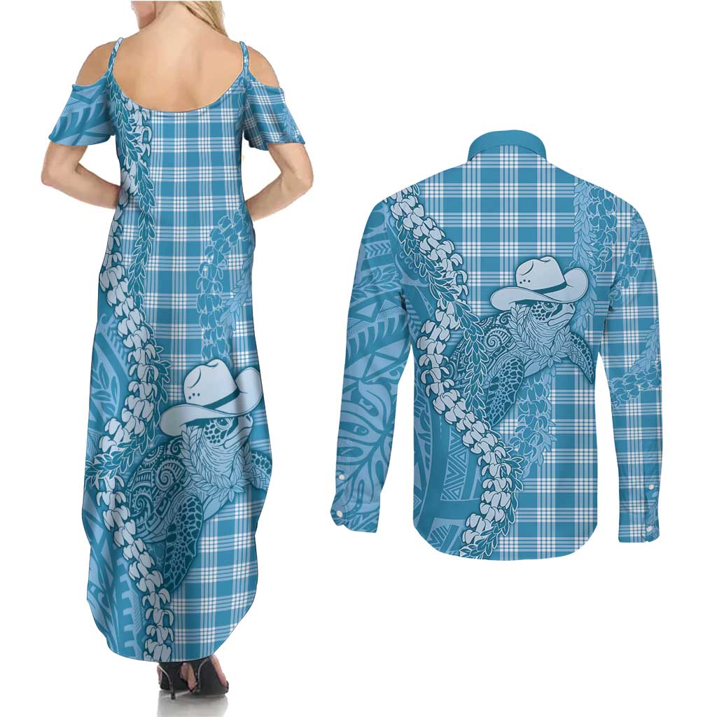 Blue Hawaii Palaka Cowboy Turtle Couples Matching Summer Maxi Dress and Long Sleeve Button Shirt Hawaiian Paniolo Puakenikeni Maile Lei - Polynesian Pride
