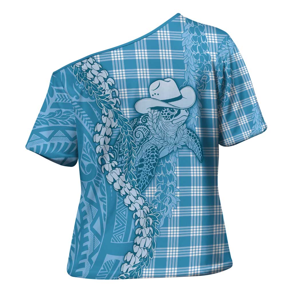 Blue Hawaii Palaka Cowboy Turtle Cross Shoulder Shirt Hawaiian Paniolo Puakenikeni Maile Lei - Polynesian Pride