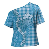 Blue Hawaii Palaka Cowboy Turtle Cross Shoulder Shirt Hawaiian Paniolo Puakenikeni Maile Lei - Polynesian Pride