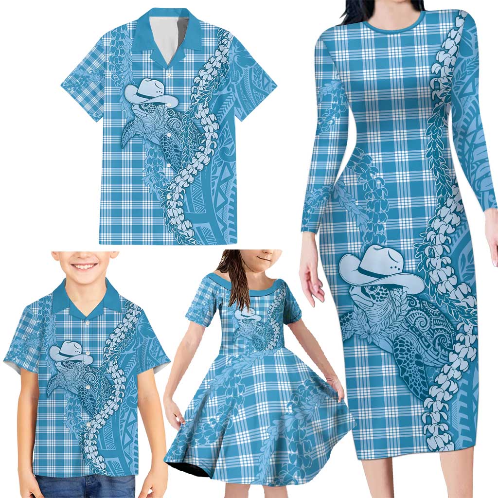 Blue Hawaii Palaka Cowboy Turtle Family Matching Long Sleeve Bodycon Dress and Hawaiian Shirt Hawaiian Paniolo Puakenikeni Maile Lei - Polynesian Pride