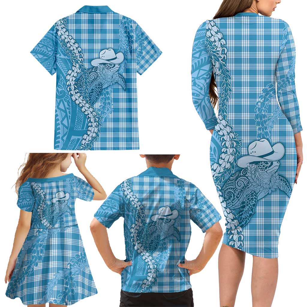 Blue Hawaii Palaka Cowboy Turtle Family Matching Long Sleeve Bodycon Dress and Hawaiian Shirt Hawaiian Paniolo Puakenikeni Maile Lei - Polynesian Pride