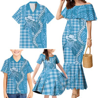 Blue Hawaii Palaka Cowboy Turtle Family Matching Mermaid Dress and Hawaiian Shirt Hawaiian Paniolo Puakenikeni Maile Lei - Polynesian Pride