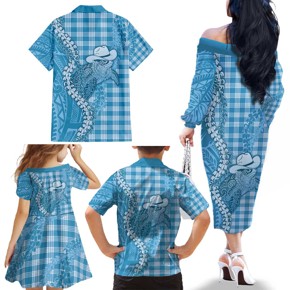 Blue Hawaii Palaka Cowboy Turtle Family Matching Off The Shoulder Long Sleeve Dress and Hawaiian Shirt Hawaiian Paniolo Puakenikeni Maile Lei - Polynesian Pride
