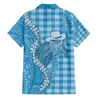 Blue Hawaii Palaka Cowboy Turtle Family Matching Off The Shoulder Long Sleeve Dress and Hawaiian Shirt Hawaiian Paniolo Puakenikeni Maile Lei - Polynesian Pride