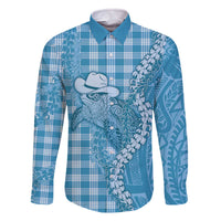 Blue Hawaii Palaka Cowboy Turtle Family Matching Off The Shoulder Long Sleeve Dress and Hawaiian Shirt Hawaiian Paniolo Puakenikeni Maile Lei - Polynesian Pride