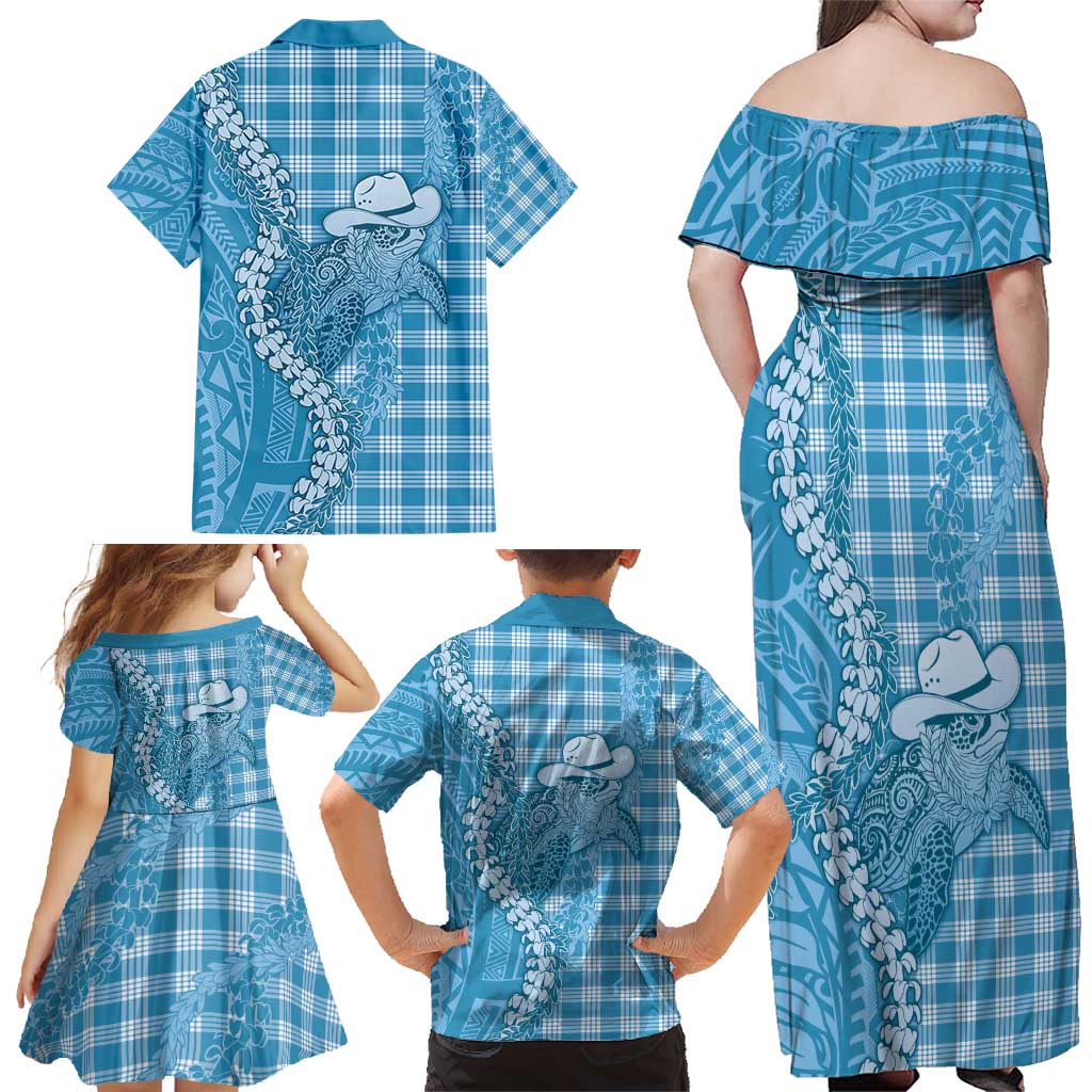 Blue Hawaii Palaka Cowboy Turtle Family Matching Off Shoulder Maxi Dress and Hawaiian Shirt Hawaiian Paniolo Puakenikeni Maile Lei - Polynesian Pride