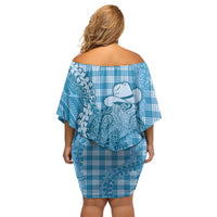 Blue Hawaii Palaka Cowboy Turtle Family Matching Off Shoulder Short Dress and Hawaiian Shirt Hawaiian Paniolo Puakenikeni Maile Lei - Polynesian Pride