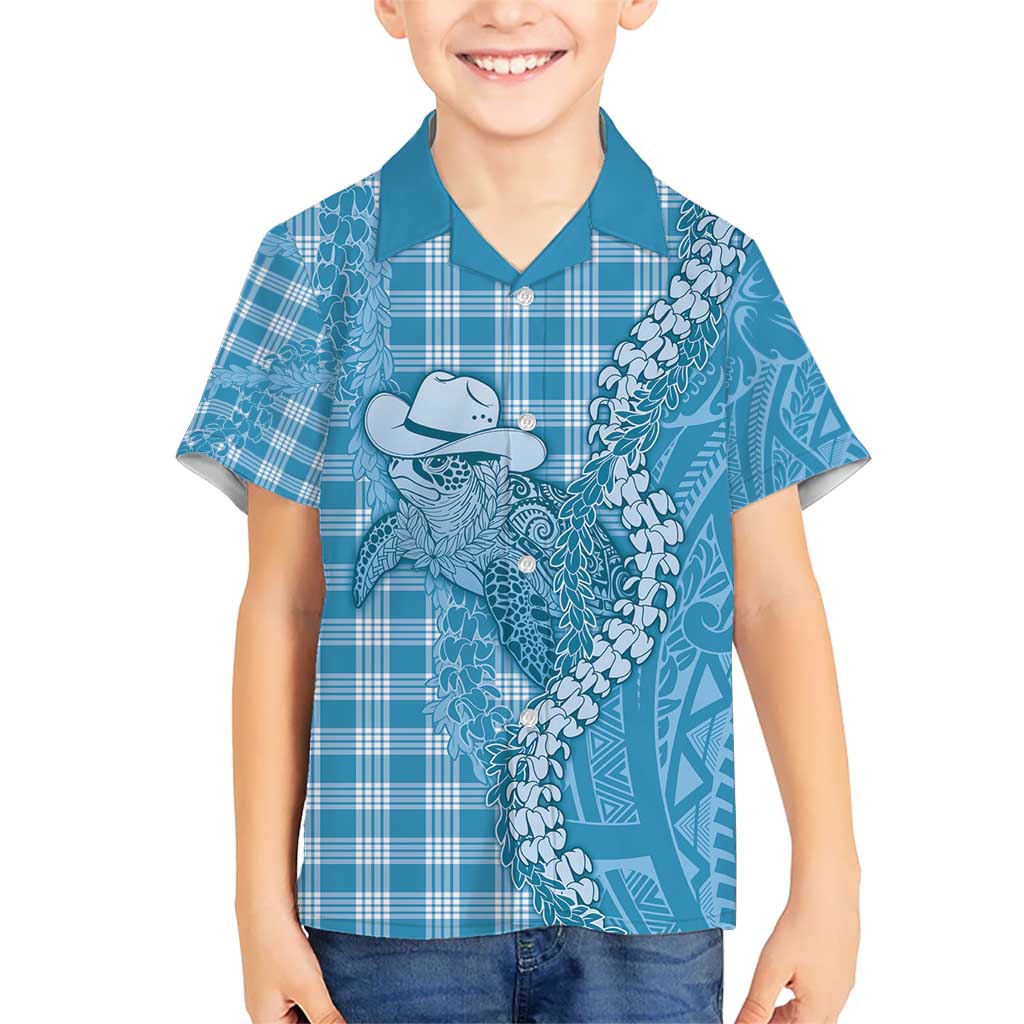 Blue Hawaii Palaka Cowboy Turtle Kid Hawaiian Shirt Hawaiian Paniolo Puakenikeni Maile Lei - Polynesian Pride