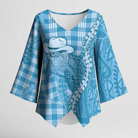 Blue Hawaii Palaka Cowboy Turtle Kimono Sleeve Blouse Hawaiian Paniolo Puakenikeni Maile Lei - Polynesian Pride