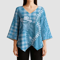 Blue Hawaii Palaka Cowboy Turtle Kimono Sleeve Blouse Hawaiian Paniolo Puakenikeni Maile Lei - Polynesian Pride