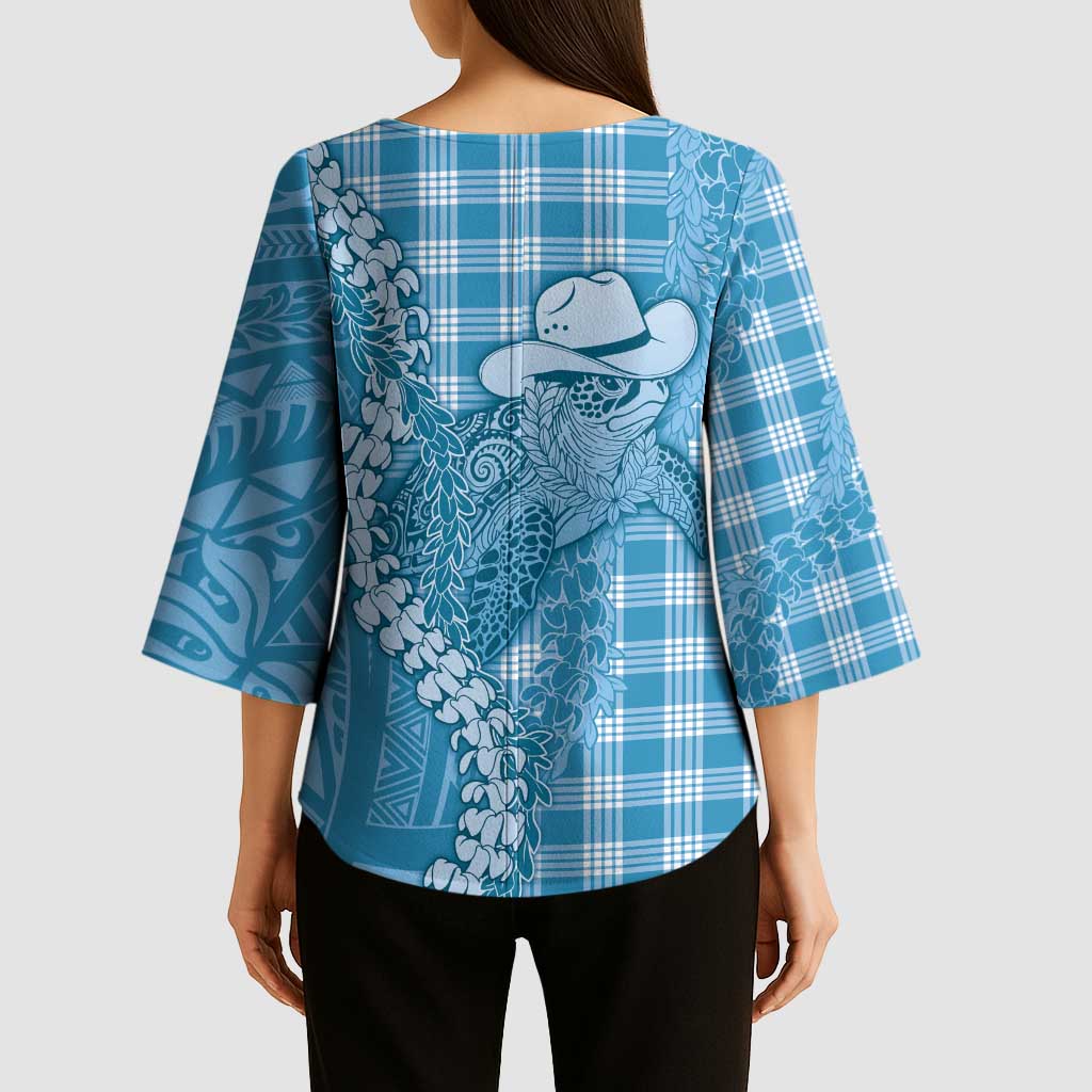 Blue Hawaii Palaka Cowboy Turtle Kimono Sleeve Blouse Hawaiian Paniolo Puakenikeni Maile Lei - Polynesian Pride