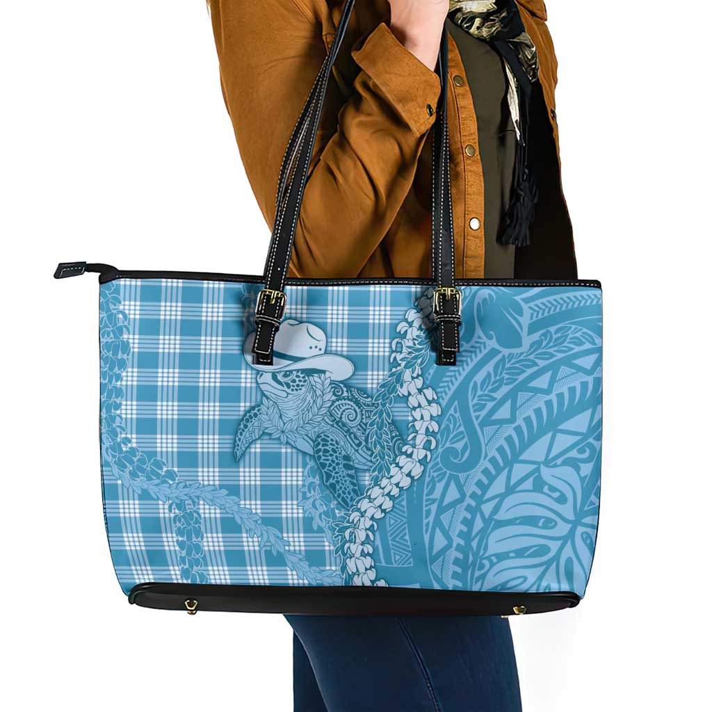 Blue Hawaii Palaka Cowboy Turtle Leather Tote Bag Hawaiian Paniolo Puakenikeni Maile Lei - Polynesian Pride