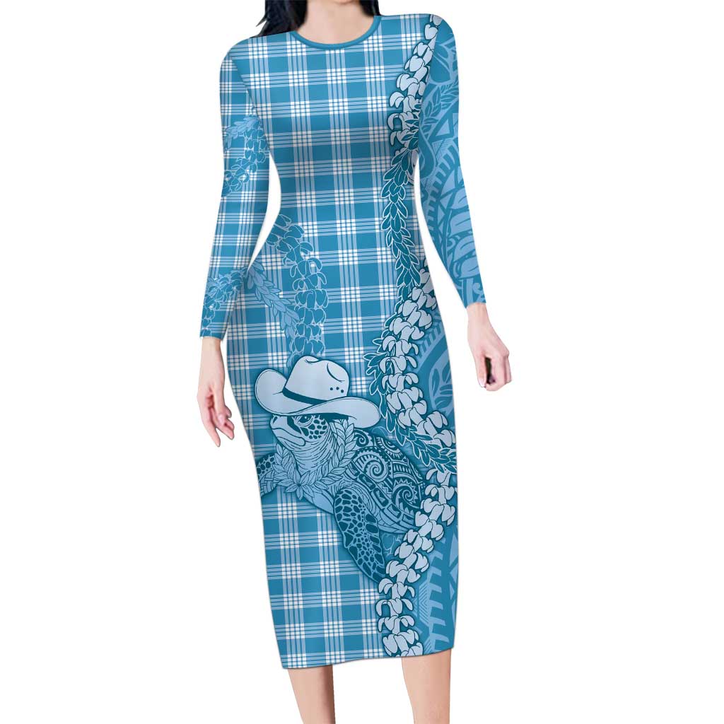 Blue Hawaii Palaka Cowboy Turtle Long Sleeve Bodycon Dress Hawaiian Paniolo Puakenikeni Maile Lei - Polynesian Pride