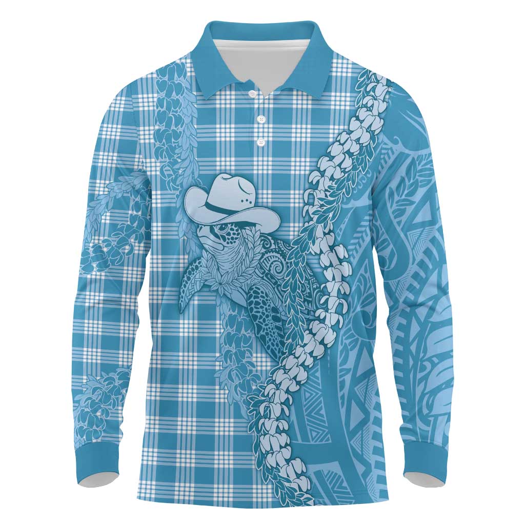 Blue Hawaii Palaka Cowboy Turtle Long Sleeve Polo Shirt Hawaiian Paniolo Puakenikeni Maile Lei - Polynesian Pride