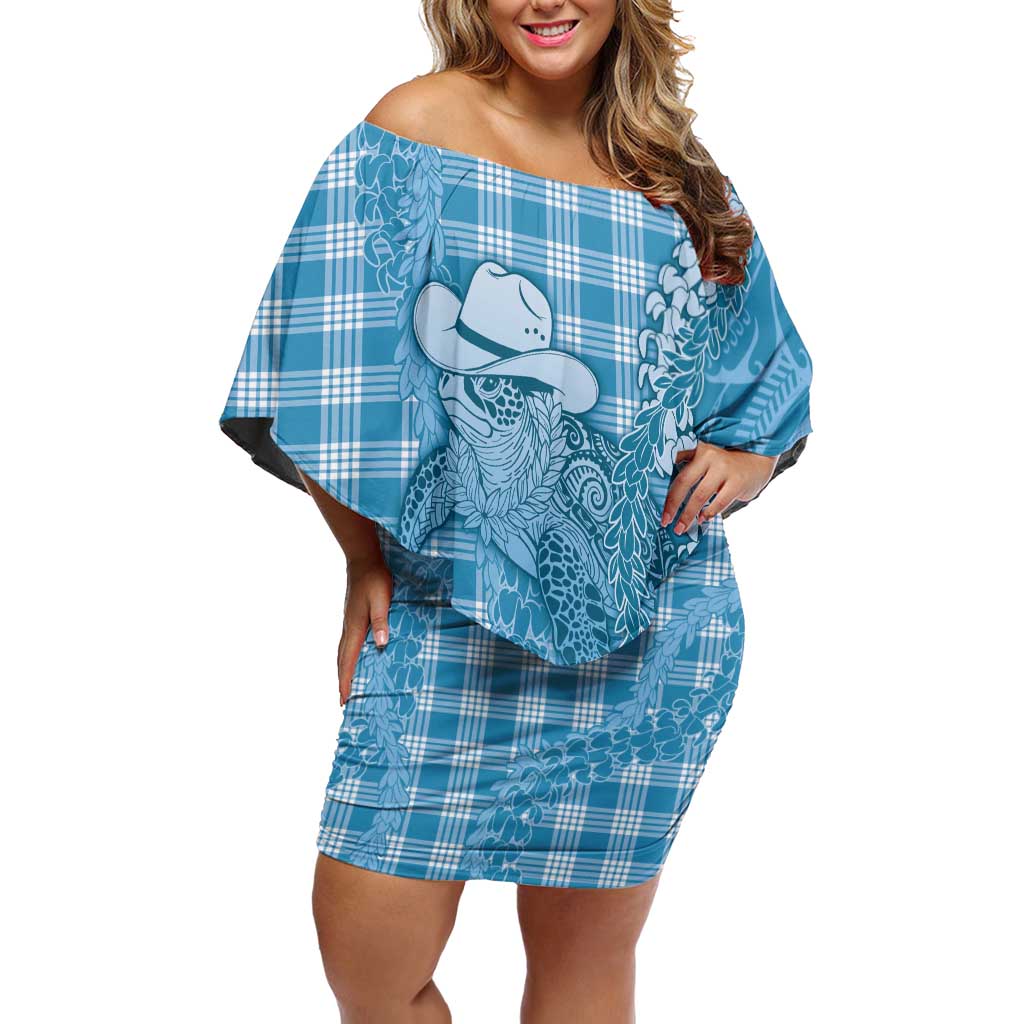 Blue Hawaii Palaka Cowboy Turtle Off Shoulder Short Dress Hawaiian Paniolo Puakenikeni Maile Lei - Polynesian Pride