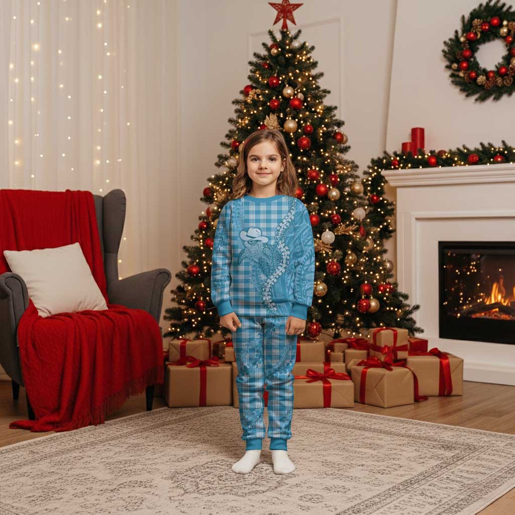 Blue Hawaii Palaka Cowboy Turtle Christmas Pajama Set Hawaiian Paniolo Puakenikeni Maile Lei - Polynesian Pride