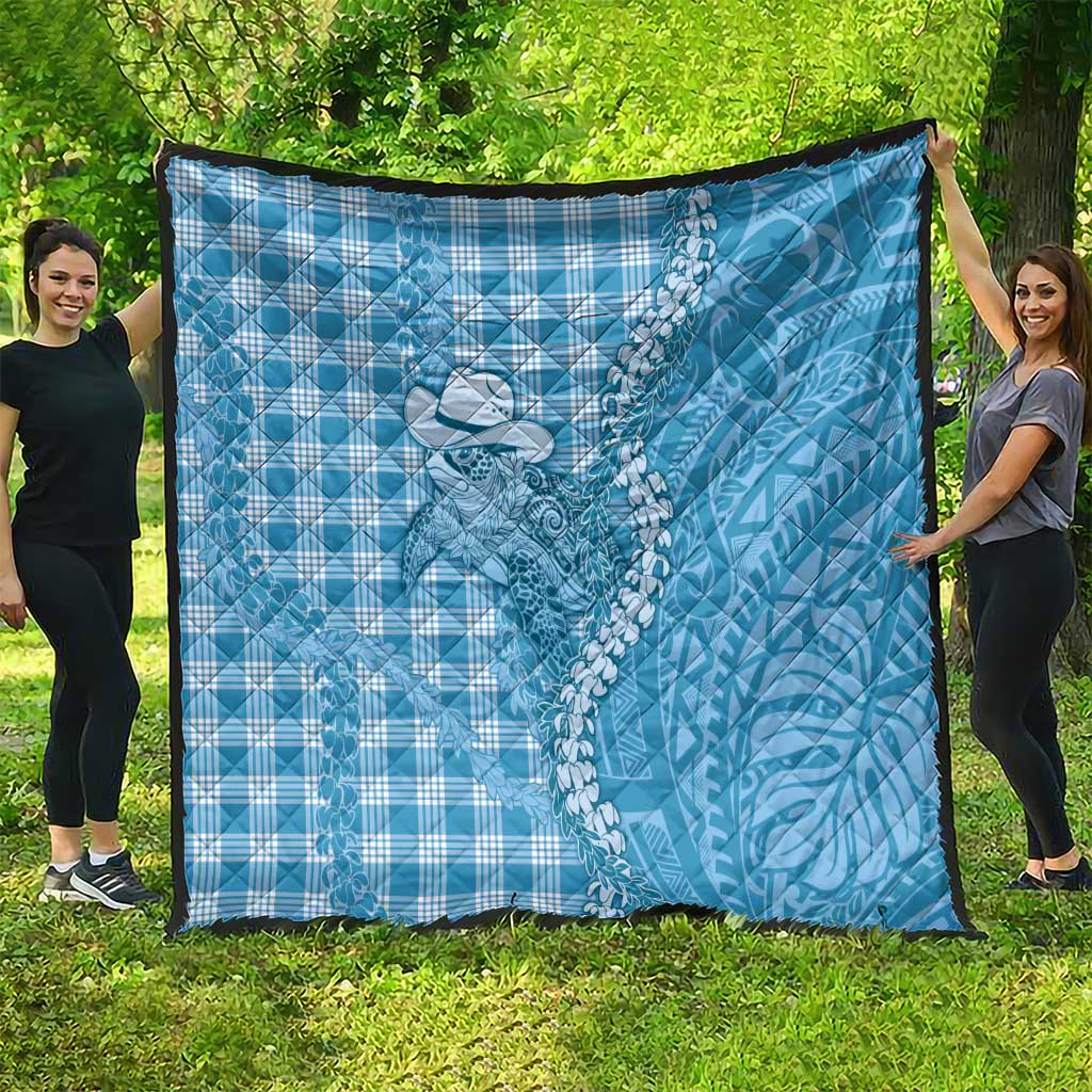 Blue Hawaii Palaka Cowboy Turtle Quilt Hawaiian Paniolo Puakenikeni Maile Lei - Polynesian Pride