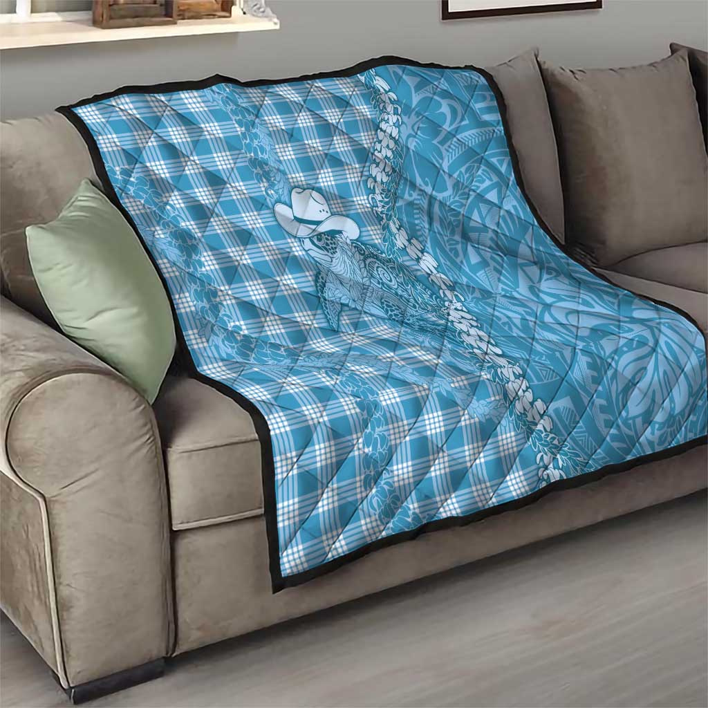 Blue Hawaii Palaka Cowboy Turtle Quilt Hawaiian Paniolo Puakenikeni Maile Lei - Polynesian Pride