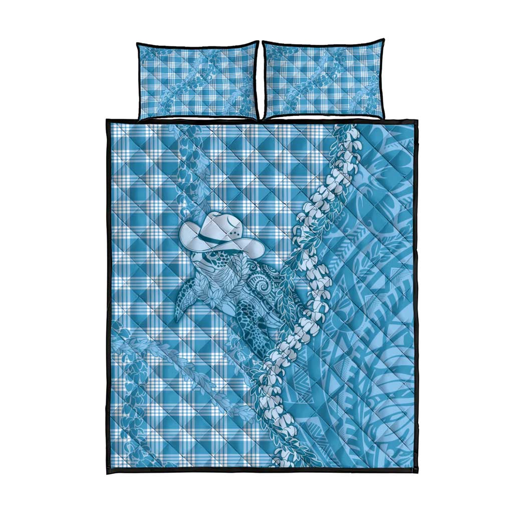 Blue Hawaii Palaka Cowboy Turtle Quilt Bed Set Hawaiian Paniolo Puakenikeni Maile Lei - Polynesian Pride