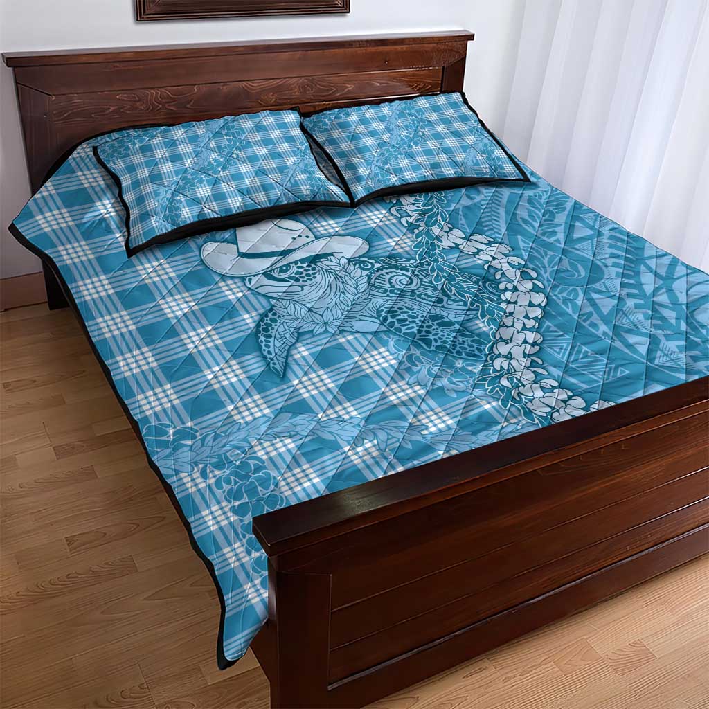 Blue Hawaii Palaka Cowboy Turtle Quilt Bed Set Hawaiian Paniolo Puakenikeni Maile Lei - Polynesian Pride