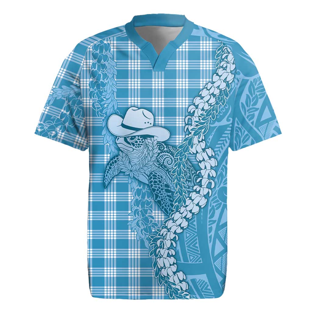 Blue Hawaii Palaka Cowboy Turtle Rugby Jersey Hawaiian Paniolo Puakenikeni Maile Lei - Polynesian Pride