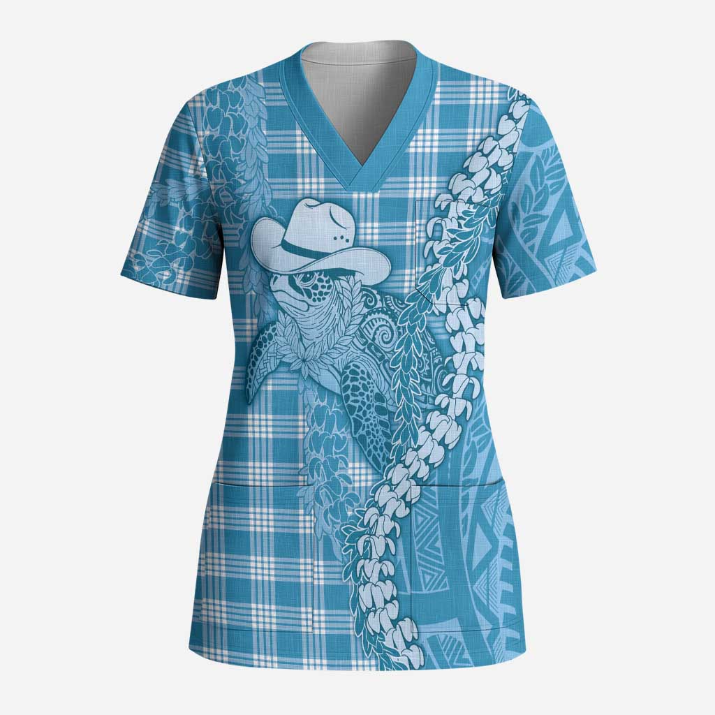 Blue Hawaii Palaka Cowboy Turtle Scrub Top Hawaiian Paniolo Puakenikeni Maile Lei - Polynesian Pride