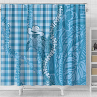 Blue Hawaii Palaka Cowboy Turtle Shower Curtain Hawaiian Paniolo Puakenikeni Maile Lei - Polynesian Pride