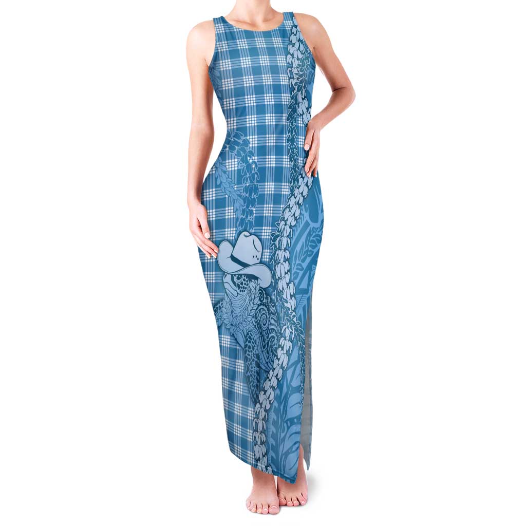Blue Hawaii Palaka Cowboy Turtle Tank Maxi Dress Hawaiian Paniolo Puakenikeni Maile Lei - Polynesian Pride