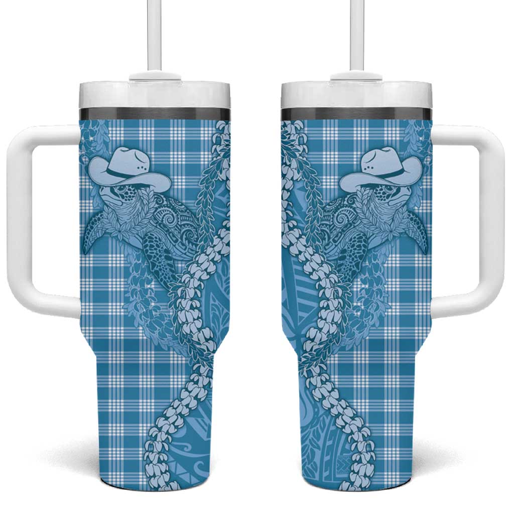 Blue Hawaii Palaka Cowboy Turtle Tumbler With Handle Hawaiian Paniolo Puakenikeni Maile Lei - Polynesian Pride