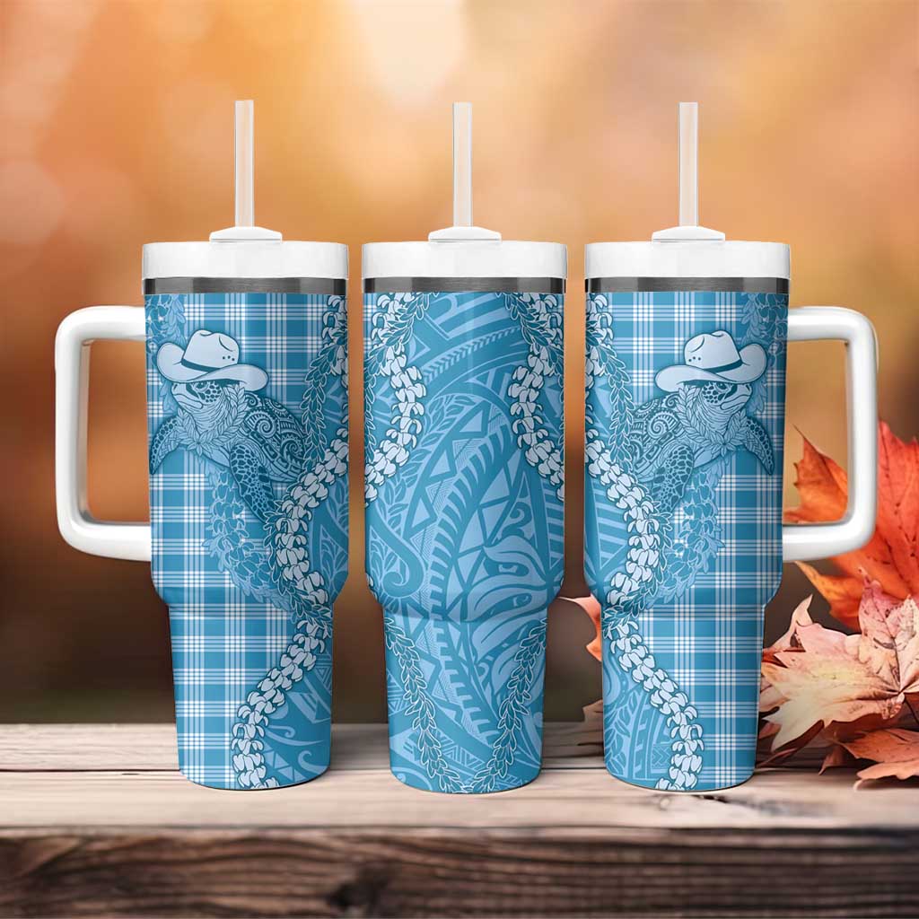 Blue Hawaii Palaka Cowboy Turtle Tumbler With Handle Hawaiian Paniolo Puakenikeni Maile Lei - Polynesian Pride