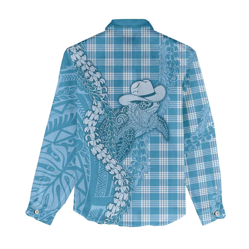 Blue Hawaii Palaka Cowboy Turtle Women Casual Shirt Hawaiian Paniolo Puakenikeni Maile Lei - Polynesian Pride