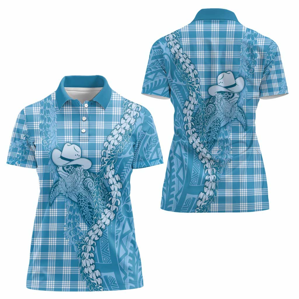 Blue Hawaii Palaka Cowboy Turtle Women Polo Shirt Hawaiian Paniolo Puakenikeni Maile Lei - Polynesian Pride
