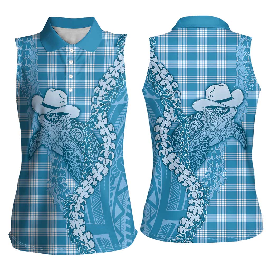 Blue Hawaii Palaka Cowboy Turtle Women Sleeveless Polo Shirt Hawaiian Paniolo Puakenikeni Maile Lei - Polynesian Pride