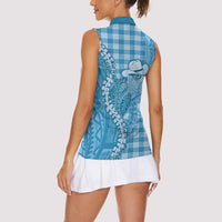 Blue Hawaii Palaka Cowboy Turtle Women Sleeveless Polo Shirt Hawaiian Paniolo Puakenikeni Maile Lei - Polynesian Pride