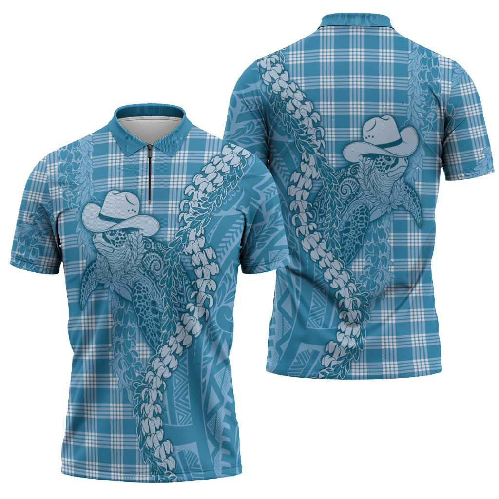 Blue Hawaii Palaka Cowboy Turtle Zipper Polo Shirt Hawaiian Paniolo Puakenikeni Maile Lei - Polynesian Pride