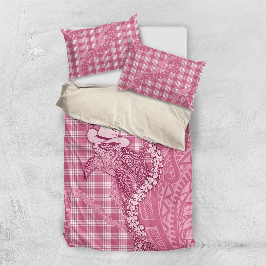 Pink Hawaii Palaka Cowboy Turtle Bedding Set Hawaiian Paniolo Puakenikeni Maile Lei - Polynesian Pride